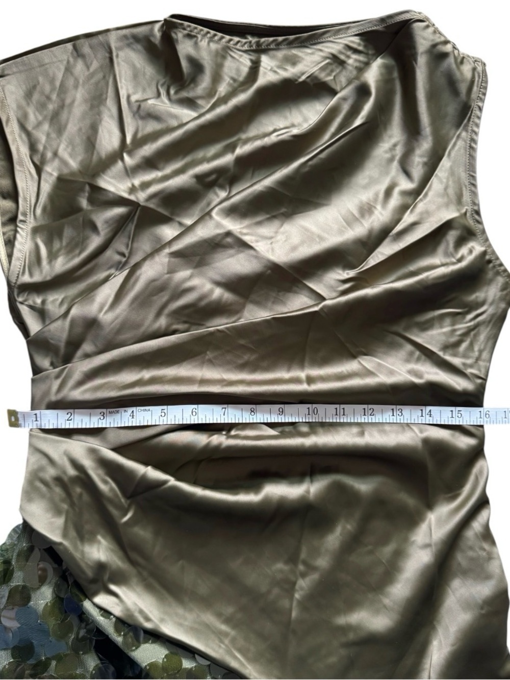 Violet Aurora Olive Green Sequin Satin High Slit Formal Gown Size L NWT - Picture 9 of 11